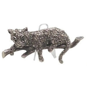 Marcasite Lounging Leopard on Branch Brooch Pin Silver Tone Vintage